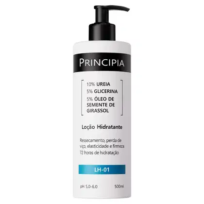 Frasco branco com bomba preta da linha Principia, contendo loção hidratante com 10% de ureia, 5% de glicerina e 5% de óleo de semente de girassol. Rótulo preto e branco com informações sobre os ingredientes e benefícios do produto.