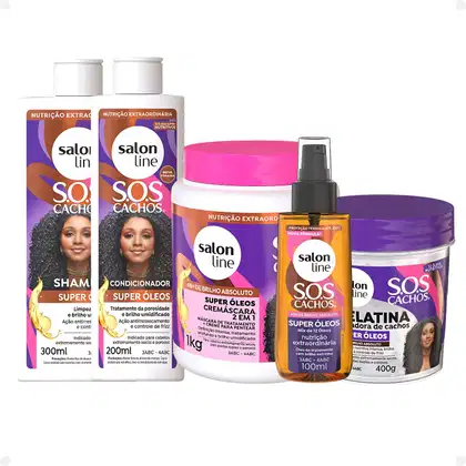 Imagem do produto Kit Salon Line SOS Cachos Super Óleos: Shampoo 300ml e Condicionador 200ml + Cremáscara 2 em 1 1kg, Gelatina Ativadora de Cachos 400g e Óleo de Tratam