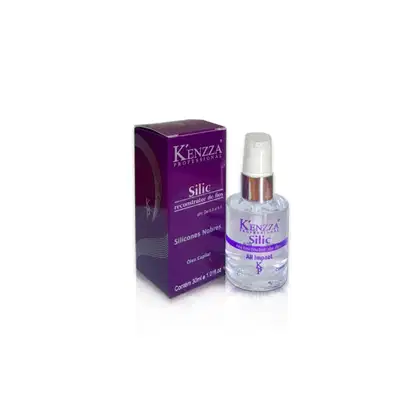 Frasco de 30ml de Silic, um produto de reconstrução de fios da marca Kenzza, em embalagem roxa com rótulo destacando o nome do produto e a marca.