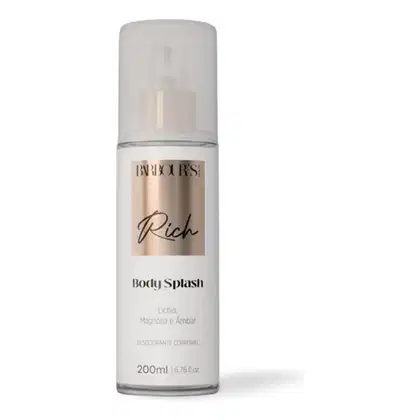 Frasco de corpo Barbour's Beauty Rich, com design elegante e rótulo em tons neutros. Produto de 200ml, com destaque para os ingredientes lichia, magnólia e âmbar.
