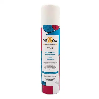 Frasco branco de spray para cabelos da linha Yellow Professional, com rótulo colorido em azul, vermelho e amarelo. Produto chamado "Everyday Hairspray" com indicação de fixação média.