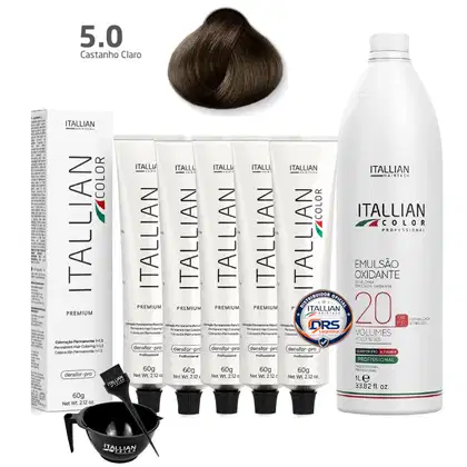 Imagem do produto Kit 5 Coloração Itallian Color Tintura Castanho Claro 5.0 + Emulsão Oxidante 20Vol. 1L