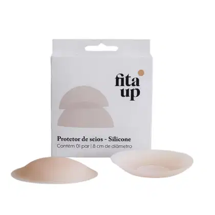 Protetor de seios de silicone da marca Fita Up, contendo 1 par com 8 cm de diâmetro, em embalagem branca com logotipo da marca.