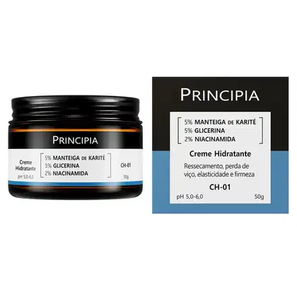 Creme hidratante Principia em embalagem preta com rótulo destacando os ingredientes: 5% manteiga de karité, 5% glicerina e 2% niacinamida. O produto é apresentado em pote de 50g com pH entre 5,0-6,0.