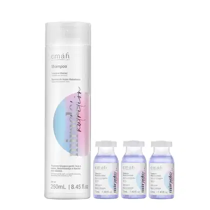 Emáh Hair Care: Shampoo em frasco branco com sistema de ácido hialurônico, acompanhado de três frascos menores de Booster Nutricional em tons de roxo.