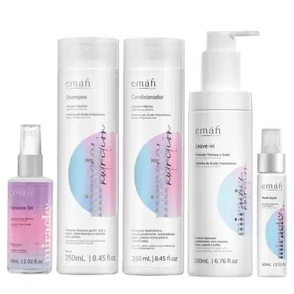 Conjunto de produtos de cuidados capilares da marca Emáh, incluindo shampoo, condicionador, leave-in e máscara líquida, em embalagens brancas com detalhes em tons pastel.
