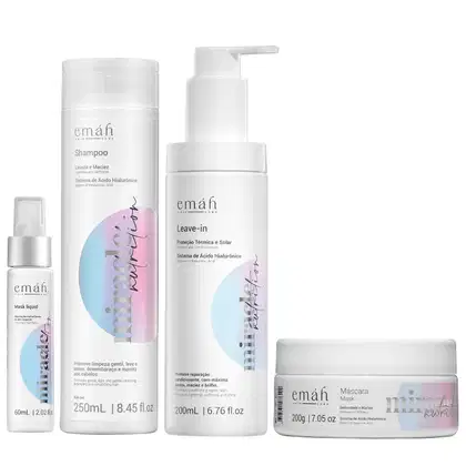Produtos de cuidados capilares da marca Emáh, incluindo shampoo, leave-in, máscara e máscara líquida, em embalagens brancas com detalhes em cores pastel e rótulos com informações sobre os sistemas de ácido hialurônico e proteção térmica e solar.