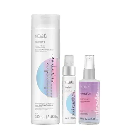 O conjunto de produtos Emáh Hair Care inclui um frasco de shampoo branco, um frasco de máscara líquida e um frasco de óleo capilar, todos com design minimalista e rótulos claros.