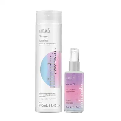Emáh Hair Care: Shampoo de 250 mL em embalagem branca com detalhes em tons pastel e Óleo Fabulous de 60 mL em frasco transparente com pulverizador.