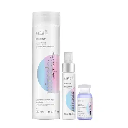 Emáh Hair Care produtos: shampoo de 250 mL, máscara líquida de 60 mL e booster nutritivo de 13 mL, em embalagens brancas com detalhes em tons pastel.