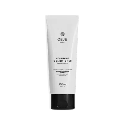 Frasco branco de condicionador nutritivo da marca Oeje Brazil, com 250ml de capacidade. O rótulo apresenta o nome da marca e do produto em preto e branco, com destaque para os ingredientes como orquídea, manteiga de karité e óleo de buriti.