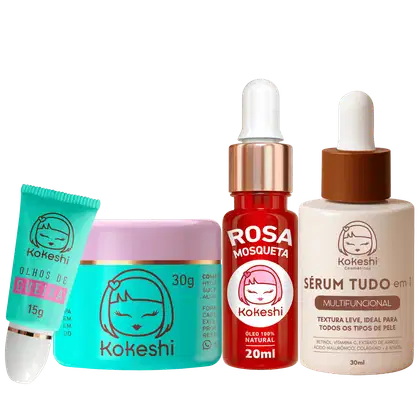 Imagem do produto Kit Essencial Kokeshi Tudo em 1 Pele de Porcelana Olhos de Gueixa Oleo de Rosa Mosqueta