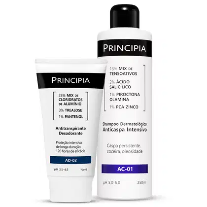 Dois produtos Principia: um frasco branco e preto de shampoo anticaspa intensivo (AC-01) e um tubo branco e preto de antitranspirante desodorante (AD-02), ambos com informações sobre os ingredientes e benefícios impressos nos rótulos.