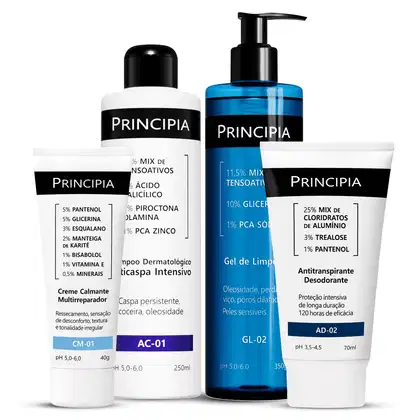 Imagem do produto Principia Kit Capilar, Corporal e Facial Avançado - Shampoo Anti Caspa + AD-02 + Gel de limpeza GL-02 + Creme Multirreparador