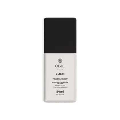 Frasco preto e branco de 59ml da linha Elixir da marca Oeje Brazil, com rótulo destacando os ingredientes blackberry, geranium, bourbon e kakadu.