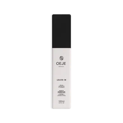 Frasco preto e branco de 120ml da linha Leave-in da marca Oeje Brazil, com rótulo destacando os ingredientes e benefícios do produto para cabelos.