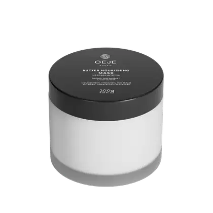 Pote de máscara nutritiva para cabelos da marca Oeje Brazil, com 200g de produto. Embalagem redonda e preta com logotipo da marca em branco.