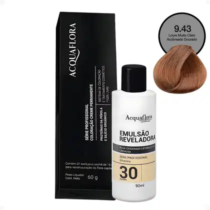 Emulsão reveladora Acquaflora de 90ml, com 30 volumes, em embalagem preta com rótulo branco. Produto da série profissional com glicerina, para reestruturação da fibra capilar. Acompanha sachê de 15g para tratamento.