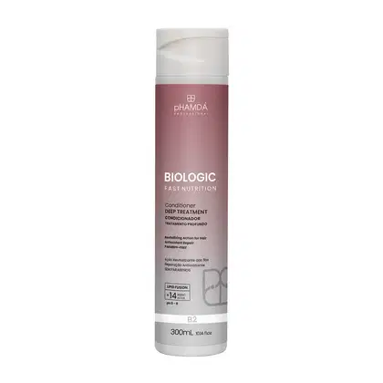 Frasco de condicionador da linha Biologic Fast Nutrition da marca pHAMDÁ Professional, com embalagem rosa e branca, contendo 300 mL do produto.