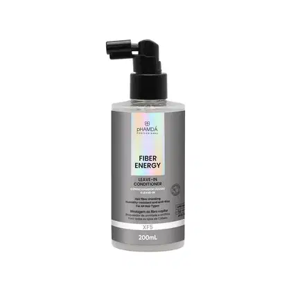 Frasco de condicionador líquido da linha Fiber Energy da pHAMDA Professional, com 200 mL de volume, embalagem prateada e preta, com rótulo destacando o nome do produto e a função de proteção da fibra capilar.