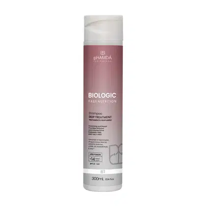 Frasco de shampoo da linha Biologic Fast Nutrition da marca pHAMDÁ Professional, com embalagem rosa e branca, contendo 300 mL. O produto é descrito como um tratamento profundo para limpeza e reparação, livre de parabenos e sal.