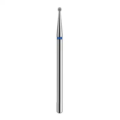 Broca diamantada de ponta cônica em aço inoxidável com anel azul, utilizada em procedimentos de manicure e pedicure pela marca Brilho Nails.