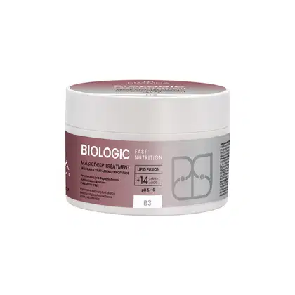 Embalagem branca e rosa de máscara capilar da linha Biologic, com rótulo indicando "Fast Nutrition" e "Lipid Fusion + 14 Amino Acids", pH entre 5-6.