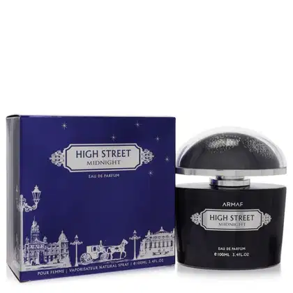 Perfume Armaf High Street Midnight em frasco preto e caixa azul com ilustrações de uma cidade à noite. Rótulo com o nome do produto e informações sobre o conteúdo de 100ml.