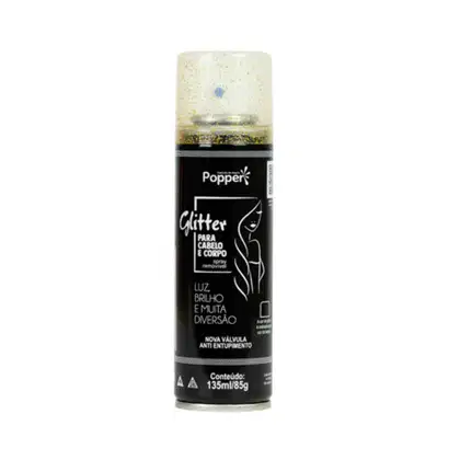 Spray Glitter Capilar e Corporal Popper Glitter Dourado, 150ml.