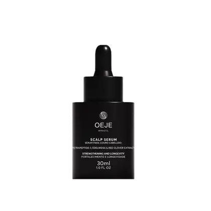 Frasco de soro capilar Oeje Brazil com 30ml, embalagem preta com rótulo destacando os ingredientes ativos e benefícios de fortalecimento e longevidade dos cabelos.