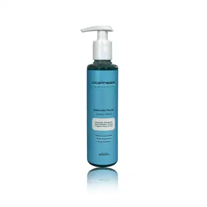 Sabonete facial Cicatribem em frasco de 200ml com bomba dosadora, em tonalidade azul, com rótulo destacando os ingredientes ativos como ácido hialurônico e ácido glicólico.