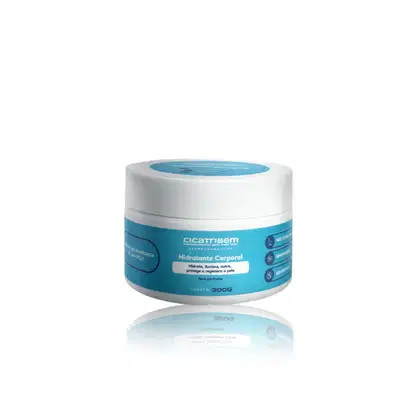Hidratante corporal Cicatribem em embalagem branca com detalhes em azul, contendo 200g do produto. O rótulo apresenta o nome da marca e informações sobre as propriedades do produto.