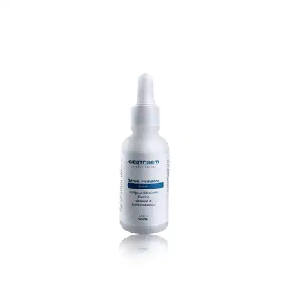 Frasco branco com conta-gotas da linha Cicatribem, contendo sérum firmador íntimo com colágeno hidrolisado, elastina, vitamina A e ácido hialurônico.