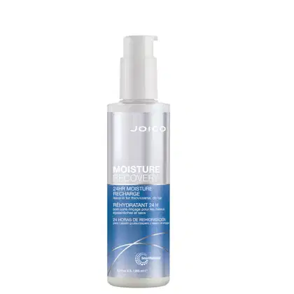 Frasco branco com bomba dosadora da linha Moisture Recovery da Joico, contendo um produto de hidratação intensiva para cabelos grossos e secos, com rótulo azul indicando "24HR Moisture Recharge".