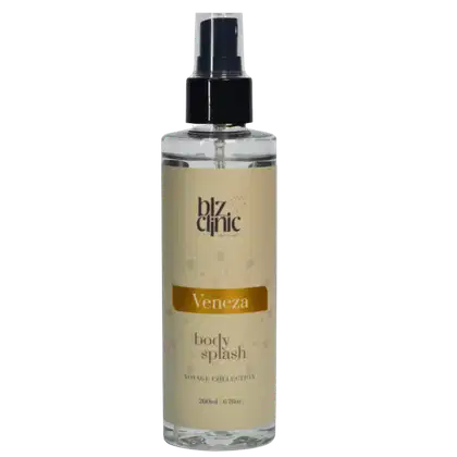 Frasco de corpo com pulverizador da linha Veneza da Blz Clinic, com rótulo em tons de amarelo e branco. Produto da coleção de viagem, com volume de 200ml.