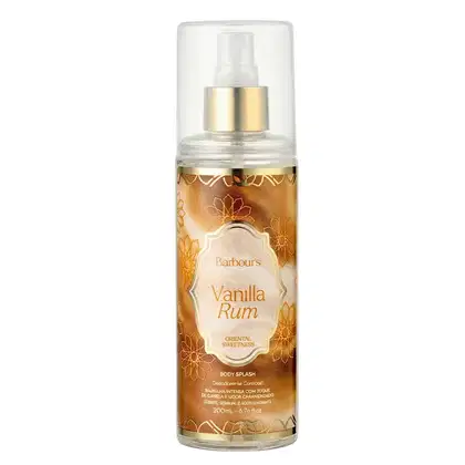 Frasco de corpo com pulverizador da linha Vanilla Rum da Barbour's Beauty, com rótulo dourado e detalhes florais, contendo 200ml do produto.