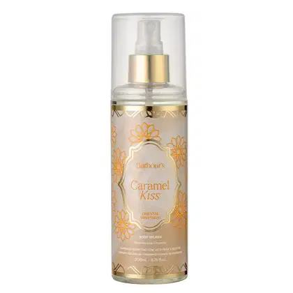 Frasco de corpo com pulverizador da linha Caramel Kiss da Barbour's Beauty, com design decorativo em dourado e laranja, contendo 200 ml de produto.