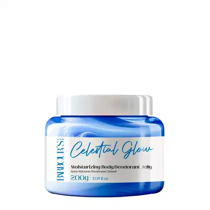 Pote de desodorante corporal hidratante da marca Barbour's Beauty, na cor azul, com rótulo indicando "Celestial Glow" e informações sobre o produto em inglês.