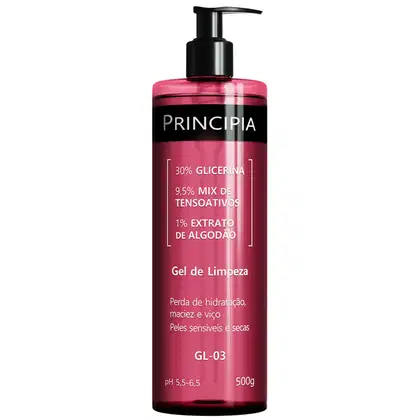 Frasco de gel de limpeza Principia com 500g. Embalagem com design preto e rosa, com informações sobre o produto impressas.