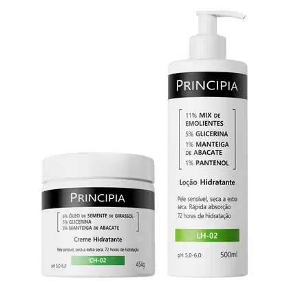 Dois produtos de beleza da marca Principia: um creme hidratante em embalagem branca e preta, e um frasco branco com bomba para loção hidratante, ambos com informações sobre os ingredientes e benefícios.