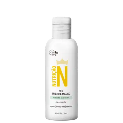 Produto de cuidado capilar Nutricao N da marca Curly Care. Embalagem plástica branca em formato cilíndrico. Rótulo com texto "Nutricao N" em letras grandes amarelas e pretas.