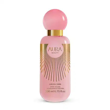 Frasco de corpo rosa com rótulo dourado da marca Aura Beauty, contendo 200 ml de "Aurora Shine Body Splash", um desodorante colônia.