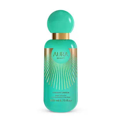 Frasco de corpo splash da marca Aura Beauty, com design moderno e cores vibrantes de verde e dourado. Rótulo indica o nome "Afrodite Garden" e o volume de 200 ml.