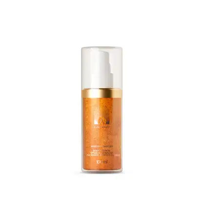 Frasco branco com tampa dourada contendo um spray corporal da linha Afrodite Garden da Aura Beauty, com rótulo em laranja e dourado.