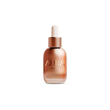 Frasco de vidro com conta-gotas em tom cobre, contendo um produto de beleza da marca Aura Beauty. O rótulo em letras douradas destaca o nome da marca e a palavra "Beauty".
