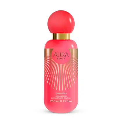 Frasco de desodorante colônia Aura Beauty Venus Love, com embalagem rosa vibrante e detalhes dourados, contendo 200 ml do produto.