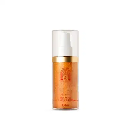 Frasco branco e dourado de 100 ml do produto de beleza "Venus Love" da marca Aura Beauty, com rótulo destacando o nome do produto e a marca.