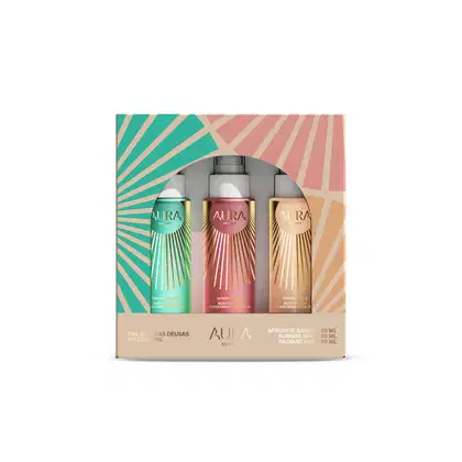 Conjunto de três produtos de beleza da marca Aura Beauty, incluindo desodorante, loção corporal e creme para o corpo, em embalagens cilíndricas com design geométrico em tons de verde, rosa e dourado.