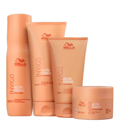 Linha de produtos de cuidados capilares da marca Wella Professionals. Os produtos são da linha Nutri-Enrich, enriquecida com goji berry. Há um shampoo de 250ml, um condicionador de 200ml, um leave-in de150 ml e uma máscara capilar de 150ml.