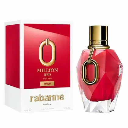 Perfum Rabanne Million Red For Her em frasco geométrico vermelho e branco com tampa dourada e detalhe de anel oval. Embalagem vermelha com logo dourado. Capacidade 90ml. Spray natural.